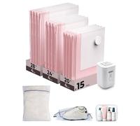 BAGSMART Vacuum Storage with Electric Pump, 15 Combo Vacuum Pack for Clothes Reusable Seal Compression Bag Space Saver for Travel Home, Travel Essentials for Packing, Pink