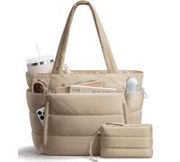 Bagstellar Puffer Tote Bag for Women, Lightweight Puffy Work Handbag Teacher Nurse Quilted Shoulder Bag for School Travel Gym, Camel, L