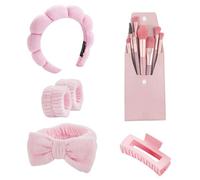 Bagtopia 5 Pcs Face Washing Headband and 8 Pcs Makeup Brush Set, Soft Terry Cloth Spa Headband and Wristbands for Washing Face, Makeup & Skincare, Non-Slip Hair Band & Hair Clip for Women, Pink