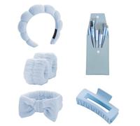 Bagtopia 5 Pcs Face Washing Headband and 8 Pcs Makeup Brush Set, Soft Terry Cloth Spa Headband and Wristbands for Washing Face, Makeup & Skincare, Non-Slip Hair Band & Hair Clip for Women, Blue
