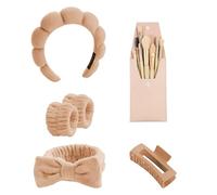 Bagtopia 5 Pcs Face Washing Headband and 8 Pcs Makeup Brush Set, Soft Terry Cloth Spa Headband and Wristbands for Washing Face, Makeup & Skincare, Non-Slip Hair Band & Hair Clip for Women, Khaki