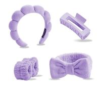 Bagtopia 5-Piece Face Washing Headband Set, Soft Terry Cloth Spa Headband and Wristbands for Washing Face, Makeup & Skincare, Non-Slip Hair Band & Hair Clip for Women, Purple