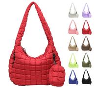 Bagtopia Puffer Tote Bag for Women, Large Quilted Puffer Bag with Mini Pouch, Lightweight Puffy Quilted Hobo Bag, Soft Padded Shoulder Handbag, Puff Crossbody Purse for Work,Gym,Travel, Red