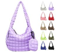 Bagtopia Puffer Tote Bag for Women, Large Quilted Puffer Bag with Mini Pouch, Lightweight Puffy Quilted Hobo Bag, Soft Padded Shoulder Handbag, Puff Crossbody Purse for Work,Gym,Travel, Purple