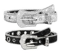 BAGUBDR 2Pcs Silver Belts, Diamante Belt and Rhinestone Cowboy Style, Western Belt, Studded Design with Silver Finish, Two Piece Set for Jeans and Casual Wear, Adjustable Fit for Various Sizes
