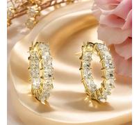 Baguette Cut CZ Hoop Earrings for Women, Gold & Silver Plated Full Pave Huggie Hoops, 14K Gold Plated Cubic Zirconia Small Hoop Earrings, Sparkling Eternity Band Earrings（Gold）