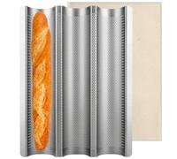 Baguette Pan Nonstick Baguette Pans 3 Loaves French Bread Pan Bread Tray with Thick Proofing Cloth Dough Couche Long Sourdough Bread Baking Pan for Baking Molding 15" x 11"