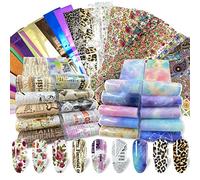 Bagvhandbagro 100 Sheets Nail Foil Transfer Sticker Kit, Art Decals Tips Starry Sky Laser Flower Leopard Print DIY Decorations Supplies Design