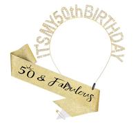 BAHABY 50th Birthday Decorations for Women 50th Birthday Sash & Headband Set 50th Birthday Gifts for Her Happy Birthday- Gold