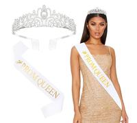BAHABY Prom Queen Sash and Tiara Set, Silver Crowns for Women & White Sash - Graduation Party School Party Accessories Bachelorette Party Wedding Bridal Shower Halloween Party Favors