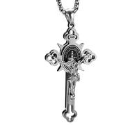 bahamut Jesus INRI Crucifix Saint St. Cross Pendant Necklace for Men Boys Stainless Steel Religious Jewelry Rolo Chain (SilverCross)