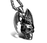 bahamut Mens Skull Dragon Pendant Necklace for Men Boys Silver Cool Punk Goth Accessory Jewelry with Stainless Steel Chain (Silver Skull Dragon)