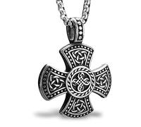 bahamut Mens Viking Odin Celtic Knot Cross Pendant Necklace Stainless Steel, Vintage Norse Amulet Jewelry Viking Gifts for Men (Silver Eternal Celtic Cross)