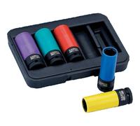 Bahco BWSS12P5 5 Piece 1/2in Alloy Wheel Impact Socket Set 17-24mm Kit | 5 piece 1/2in impact wheel socket set in 17, 19, 21, 22 and 24mm, with rim protection and colour coded jackets.