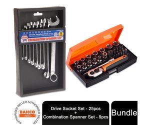 Bahco Ratchet Socket Set 25 Pcs with Faithfull Combination Spanner CV Set 9 Pcs