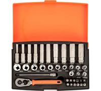 Bahco SL25L 1/4in Deep Drive Socket Set, 37 Piece Secure-Fit Deep Socket Kit with Reliable Torque Transfer and Organised Case for Mechanical, DIY, and Maintenance Tasks