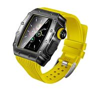 BAHDB Slicone Watch Strap Metal Stainless Steel Protective Shell One-piece Case，For Apple Watch 9 8 7 Band 45mm 6 5 4 SE 44mm Band Upgrade Replace Accessories(Yellow,45mm)