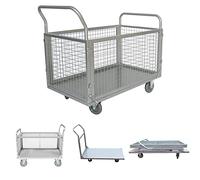 Bai You Mei 4-in-1 Grid Trolley with Wheels and Brake, Foldable Transport Trolley, Platform Trolley with Removable Glitter Side Walls, Magazine Trolley, Trolley for Warehouse, Workshop, Garden