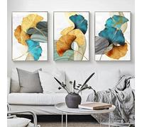 Baibexing Abstract Plant Flower Poster Prints Blue Green Yellow Gold Leaf Canvas Painting Wall Art Pictures For Living Room Home Decor 40X60Cmx3Pcs Unframed