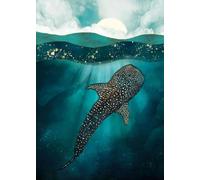 Baibexing Cartoon Humpback Whale Canvas Painting Underwater Waves Boat Blue Whale Dream Fantasy Poster Prints Living Room Home Decor A11 60X90Cm Unframed