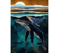 Baibexing Cartoon Humpback Whale Canvas Painting Underwater Waves Boat Blue Whale Dream Fantasy Poster Prints Living Room Home Decor A8 60X90Cm Unframed