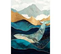 Baibexing Cartoon Humpback Whale Canvas Painting Underwater Waves Boat Blue Whale Dream Fantasy Poster Prints Living Room Home Decor A6 60X90Cm Unframed