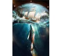 Baibexing Cartoon Humpback Whale Canvas Painting Underwater Waves Boat Blue Whale Dream Fantasy Poster Prints Living Room Home Decor A1 60X90Cm Unframed