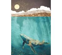 Baibexing Cartoon Humpback Whale Canvas Painting Underwater Waves Boat Blue Whale Dream Fantasy Poster Prints Living Room Home Decor A4 60X90Cm Unframed