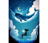 Baibexing Cartoon Humpback Whale Canvas Painting Underwater Waves Boat Blue Whale Dream Fantasy Poster Prints Living Room Home Decor A2 60X90Cm Unframed