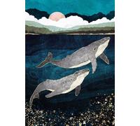 Baibexing Cartoon Humpback Whale Canvas Painting Underwater Waves Boat Blue Whale Dream Fantasy Poster Prints Living Room Home Decor A5 60X90Cm Unframed