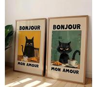 Baibexing Funny Black Cat Coffee Canvas Poster,Bonjour Mon Amour,Modern Living Room Kitchen Coffee Shop Bar Home Decor 30X40Cmx2Pcs Unframed