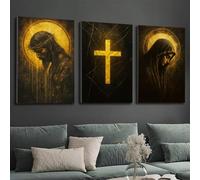 Baibexing Religious Canvas Wall Art Set Jesus And Virgin Mary With Golden Cross Design Home Office Church Decor Indoor Mural Decor 40X60Cmx3Pcs Unframed