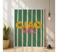 Baibexing Retro Ciao Bella Wall Art Print, Typography Poster With Green Stripes Canvas Painting For Living Room Bedroom Decor 21X30Cm Unframed
