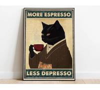 Baibexing Retro Funny Black Cat More Espresso Less Depresso Poster And Prints Drinking Coffee Lover Wall Ar Canvas Painting Wall Decor 30X40Cm Unframed