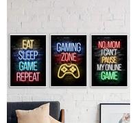 Baibexing Retro Gaming Wall Art Poster Prints Eat Sleep Game Repeat Quotes Posters Gaming Zone Canvas Paintint Wall Decor 21X30Cmx3Pcs Unframed