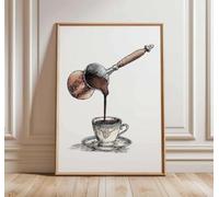 Baibexing Turkish Coffee Pouring Wall Art Print, Vintage Cezve Poster, Rustic Kitchen Decor, Barista Gift, Traditional Coffee Illustration A1 60X90Cm Unframed