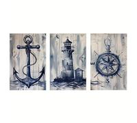 Baibexing Vintage Nautical Lighthouse, Anchor, And Compass Canvas Painting Wall Art Picture Poster And Prints For Bedroom Living Room Home Decor 21X30Cmx3Pcs Unframed
