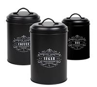 Baie Maison Large Black Kitchen Canisters Set of 3 - Farmhouse Canister Sets for Kitchen Counter - Coffee Tea Sugar Container Set - Rustic Kitchen Canisters for Countertop - Metal Kitchen Decor Jars