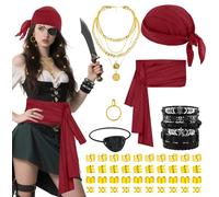 BAIEGOED 51 Pieces Pirate Costume Accessories Set for Adults Women Man, Includes Headscarf, Eye Patch, Earrings, Necklace, Bracelet, Hair Beads & Hip Scarf - Suitable for Halloween & Cosplay Parties