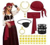 BAIEGOED 7 Pieces Pirate Costume Accessories Set for Adults Women - Includes Headscarf, Eye Patch, Earrings, Necklace, Bracelet, Hair Beads & Hip Scarf - Perfect for Halloween & Cosplay Parties