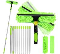 BAIEGOED Extendable Window Cleaning Tool Kit 4.25m Reach, 2-in-1 Window Washing Equipment with 10-Section Pole & Squeegee - Includes 2 Microfibre Pads for High Windows, Ceilings & Car Glass - Green