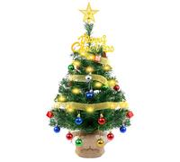 BAIEGOED Small Table Top Christmas Tree 60cm, Prelit Mini Artificial Xmas Tree, Desktop Decor with 2M Ribbon, Decorative Balls, Star Topper, PVC Branches - Light up Xmas Decorations for Home, Office