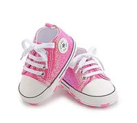 BAIELey walk in the clouds Baby Boys Girls Infant Canvas Sneakers High Top Lace up Bling Sequins Soft Sole Newborn First Walkers Shoe (Pink 0-6 Months)