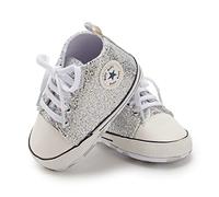 BAIELey walk in the clouds Baby Boys Girls Infant Canvas Sneakers High Top Lace up Bling Sequins Soft Sole Newborn First Walkers Shoe (Silver 6-2 Months)