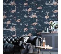 BaierSai 10X0.53M Romantic Dark Blue Pink Flamingo Feathers Textured Non-Woven Wallpaper Roll for Bedroom Livingroom 1.73' W x 32.8' L=5.3㎡ (57sq.ft)