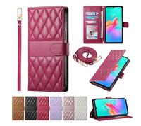 BaiFu Plaid Phone Case for vivo Y18 4G/Y03 4G, Wrist Strap Wallet Cover Compatible with vivo Y18 4G/Y03 4G-Red