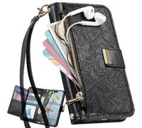 BaiFu Wallet Case for 1+ OnePlus Ace 5 Racing, 6 Card Slots, Floral Pattern Cover, Hand Strap, Kickstand, Magnetic Closure Handbag, Zipper Pocket for 1+ OnePlus Ace 5 Racing-Black