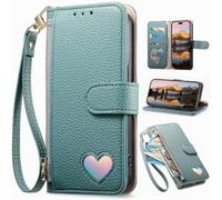 BaiFu Wallet Case for Black view Wave 6C, Zipper Closure, Card Holder, Love Pattern Magnetic Cover, Wrist Strap, Kickstand, Leather Handbag Pocket for Black view Wave 6C-Green