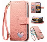 BaiFu Wallet Case for Black view Wave 6C, Zipper Closure, Card Holder, Love Pattern Magnetic Cover, Wrist Strap, Kickstand, Leather Handbag Pocket for Black view Wave 6C-Pink