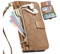 BaiFu Wallet Case for HMD Pulse Pro, 6 Card Slots, Floral Pattern Cover, Hand Strap, Kickstand, Magnetic Closure Handbag, Zipper Pocket for HMD Pulse Pro-Brown